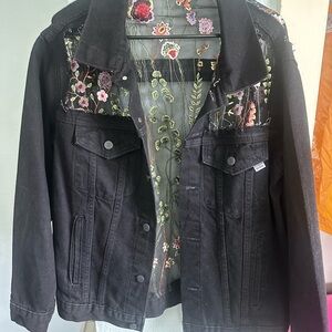 Black Embroidered Denim Jacket with Floral Paneling